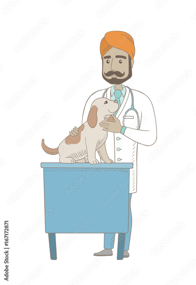 Indian veterinarian examining a dog in hospital. Veterinarian checking a dog in vet clinic. Medicine and pet care concept. Vector sketch cartoon illustration isolated on white background.