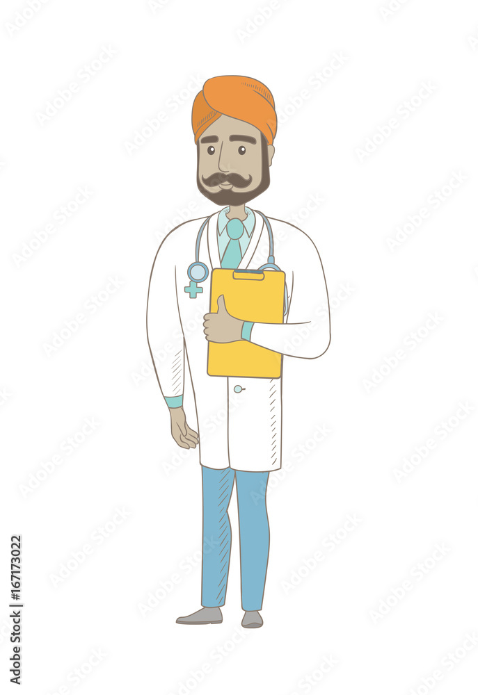 Indian doctor in medical gown holding clipboard with papers. Full length of doctor with papers. Young doctor holding papers. Vector sketch cartoon illustration isolated on white background. Indian doctor in medical gown holding clipboard with papers. Full length of doctor with papers. Young doctor holding papers. Vector sketch cartoon illustration isolated on white background.