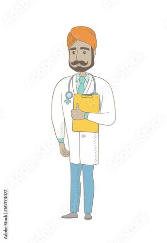 Indian doctor in medical gown holding clipboard with papers. Full length of doctor with papers. Young doctor holding papers. Vector sketch cartoon illustration isolated on white background.