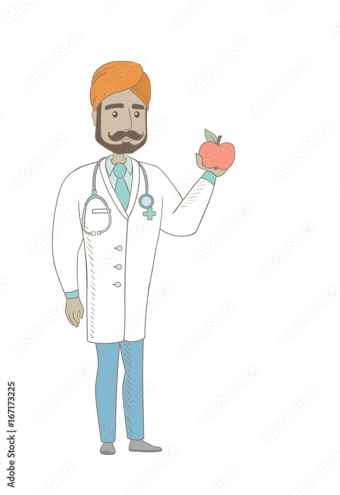 Indian nutritionist prescribing diet and healthy eating. Young smiling nutritionist holding an apple. Nutritionist offering an apple. Vector sketch cartoon illustration isolated on white background Indian nutritionist prescribing diet and healthy eating. Young smiling nutritionist holding an apple. Nutritionist offering an apple. Vector sketch cartoon illustration isolated on white background