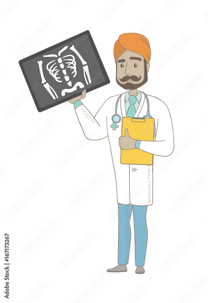 Indian doctor examining radiograph. Young doctor in medical gown looking at chest radiograph. Doctor observing skeleton radiograph. Vector sketch cartoon illustration isolated on white background.