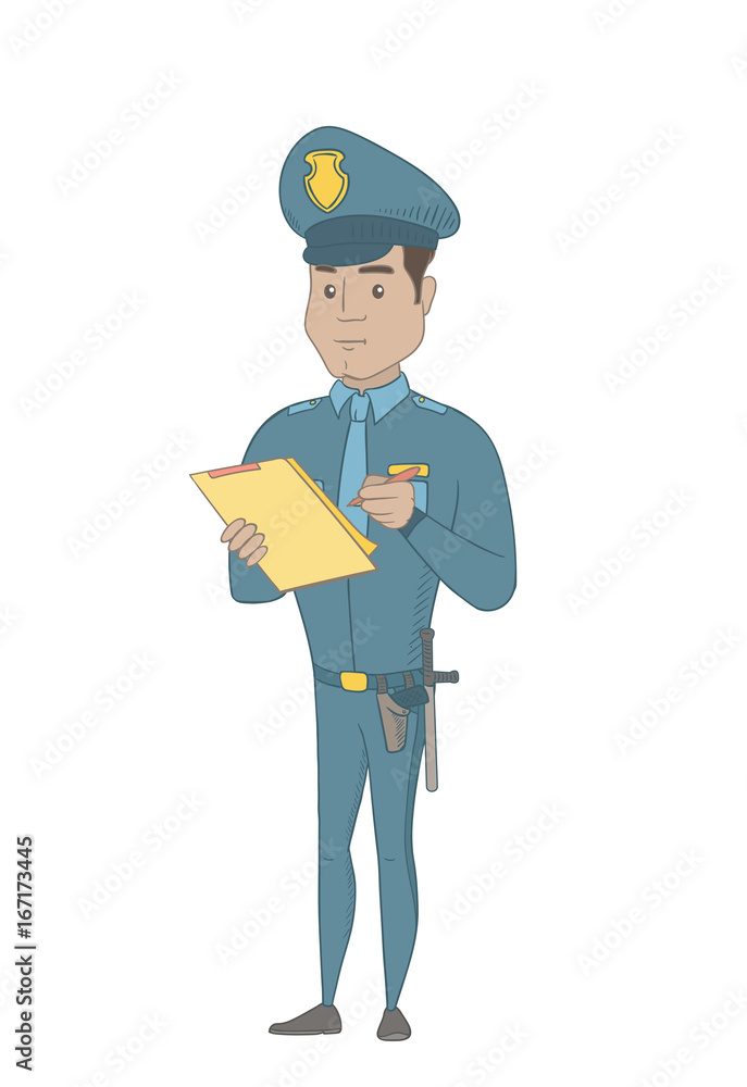 Hispanic traffic policeman in blue uniform writing a fine bill. Young traffic policeman writing a penalty. Concept of traffic security. Vector sketch cartoon illustration isolated on white background.