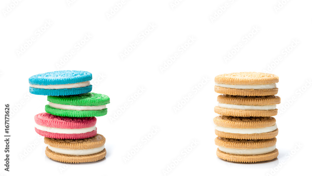 colored cream filling cookies stacked isolated on white background colored cream filling cookies stacked isolated on white background