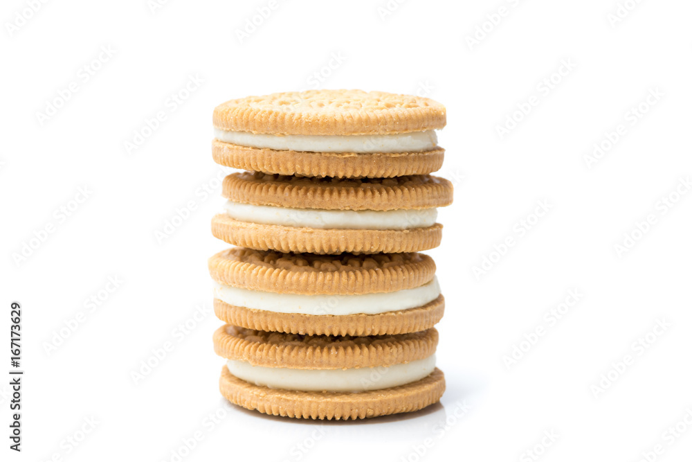 cream filling cookies stacked isolated on white background