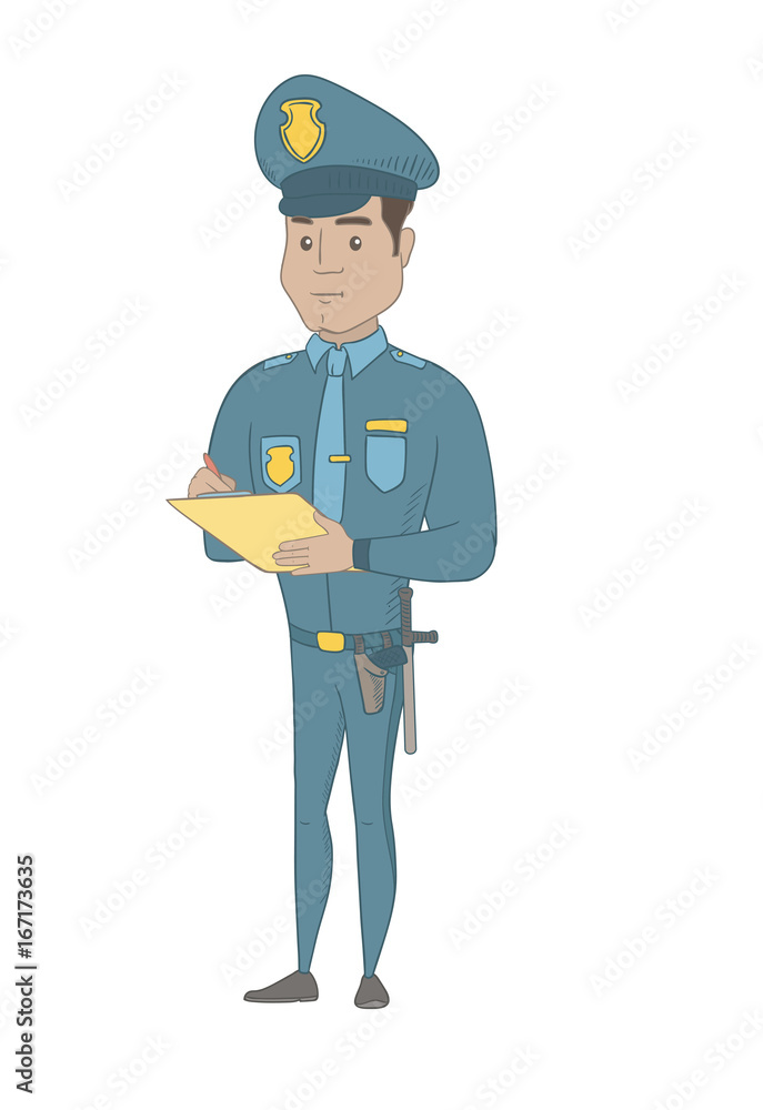 Hispanic traffic policeman writing a fine bill for a driver. Young traffic policeman writing a ticket. Vector sketch cartoon illustration isolated on white background.