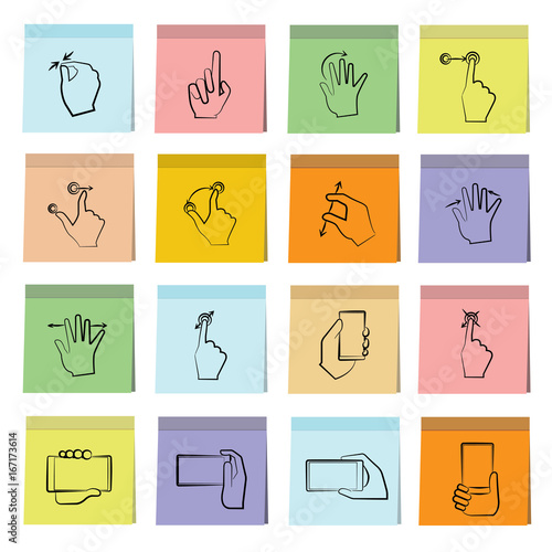 hand touch pad gestures in sticky note paper icons