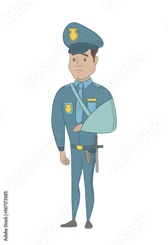 Injured hispanic policeman wearing an arm brace. Young policeman with broken arm in sling. Full length of policeman with injured arm. Vector sketch cartoon illustration isolated on white background.