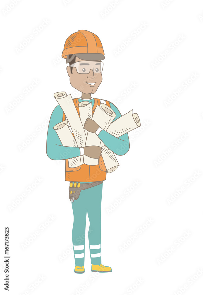 Young hispanic engineer in hard hat holding many twisted blueprints in hands. Vector sketch cartoon illustration isolated on white background. Young hispanic engineer in hard hat holding many twisted blueprints in hands. Vector sketch cartoon illustration isolated on white background.