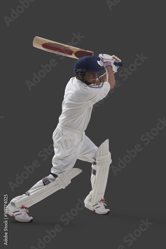 Quadro su tela Young male player playing cricket isolated over gray background