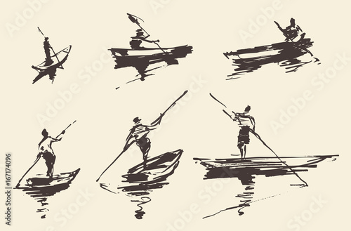 Man boat, hand drawn vector illustration, sketch photo