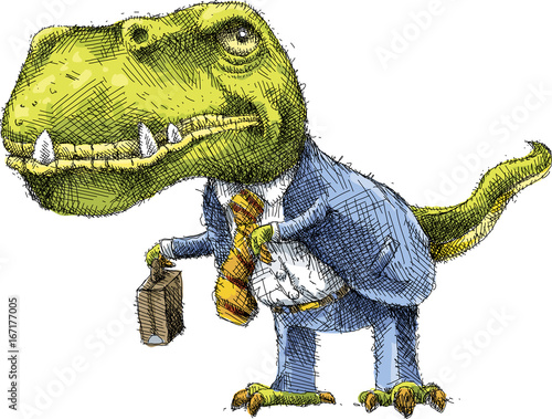 A cartoon Tyrannosaurus Rex dinosaur dressed as a businessman in a suit.