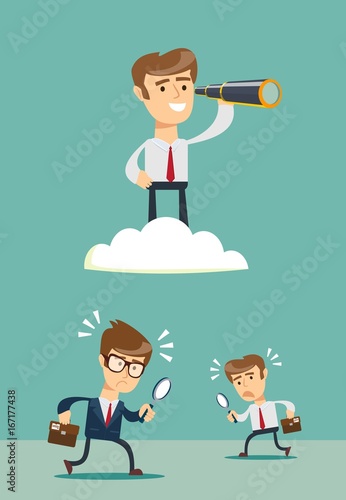 successful businessman with telescope on cloud above others . Business Vision Concept.