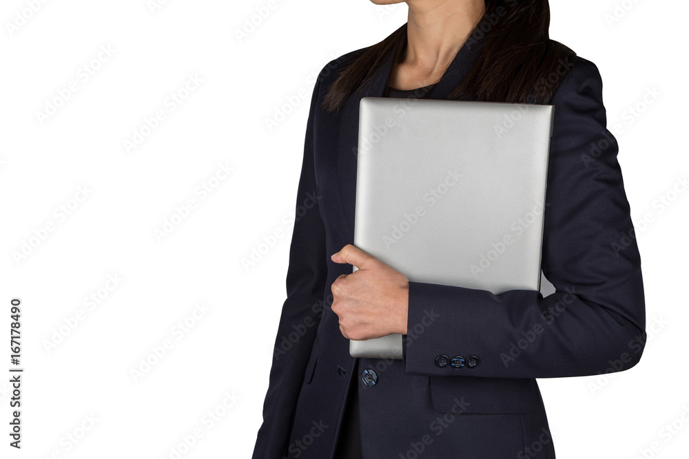 Successful business, Young asian woman with long and black hair holding silver notebook or laptop in hand isolated on white background. Asian girl hug notebook in her hand. Successful business, Young asian woman with long and black hair holding silver notebook or laptop in hand isolated on white background. Asian girl hug notebook in her hand.