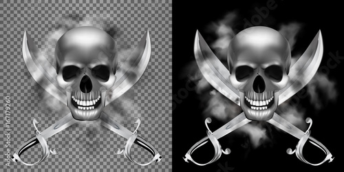 human skull in the smoke with a pirate saber