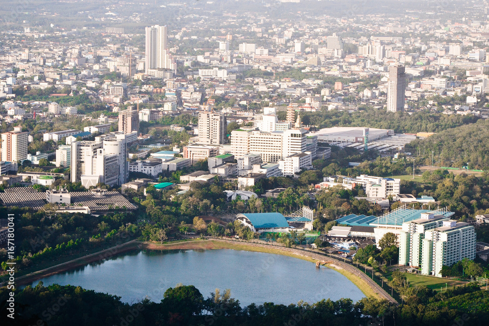 Cityscape view in morning time, scene of Kho hong Hill in Hatyai city, Songkla, Thailand.