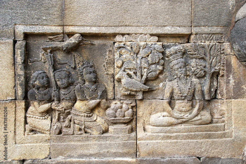 Relief in Mendut Temple, located near Borobudur Temple, Java, Indonesia