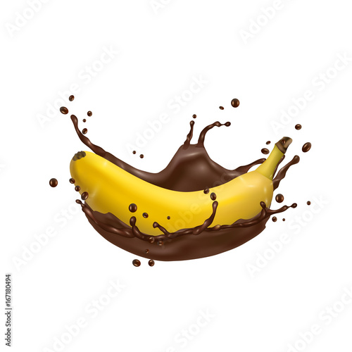 3d Banana and chocolate splash, vector icon