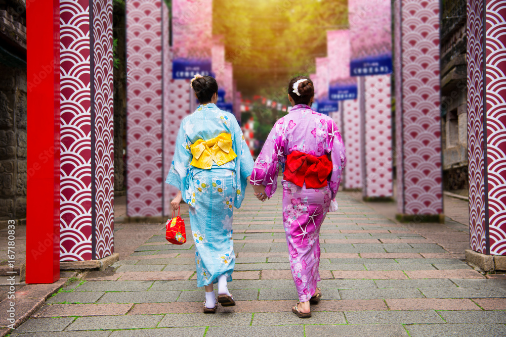 kimono girls join Japanese local festival together kimono girls join Japanese local festival together