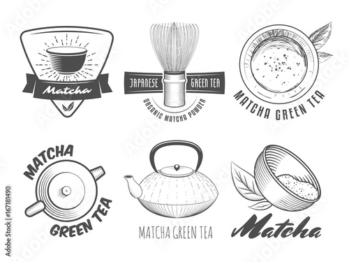 Matcha badges. Japanese green tea labels. Vector vintage logos for asian restaurant.