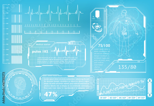 Hud element ui medical examination. Display a set of virtual interface elements. Health technology vector background. Research of human health.
