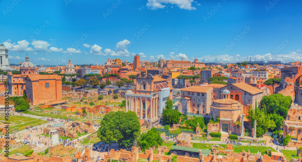 View of the Roman Forum from the Hill of Palatine - a general overview of the entire Roman Forum with all the sights. Italy.