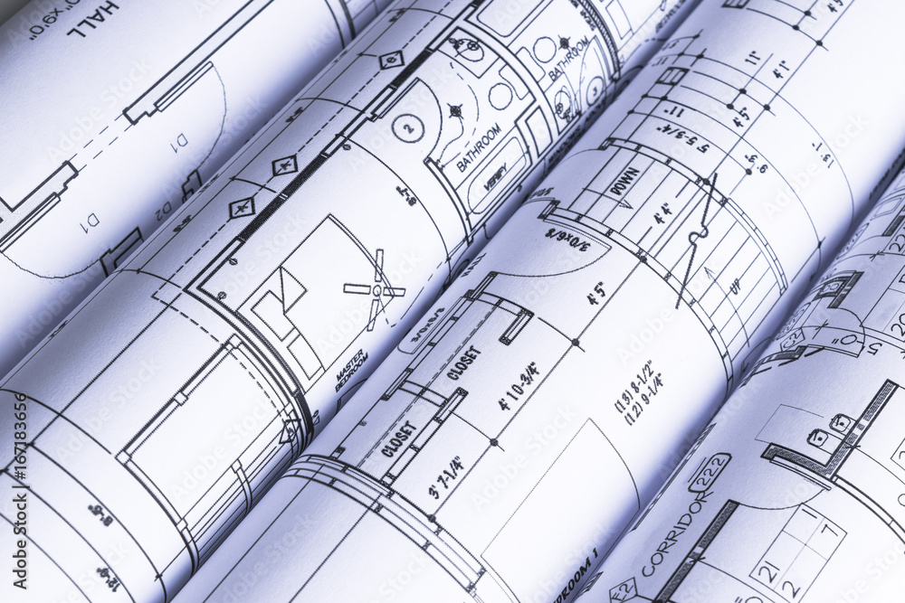 House blueprints, blue print style floor plans on architects desk, blueprint  of a house from a high angle, engineering drawings blueprints and house  plan blueprints rolled up Stock Photo | Adobe Stock