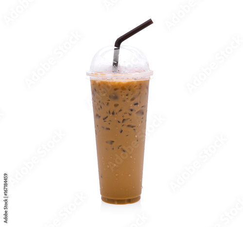 iced coffee in plastic cup isolated on white background