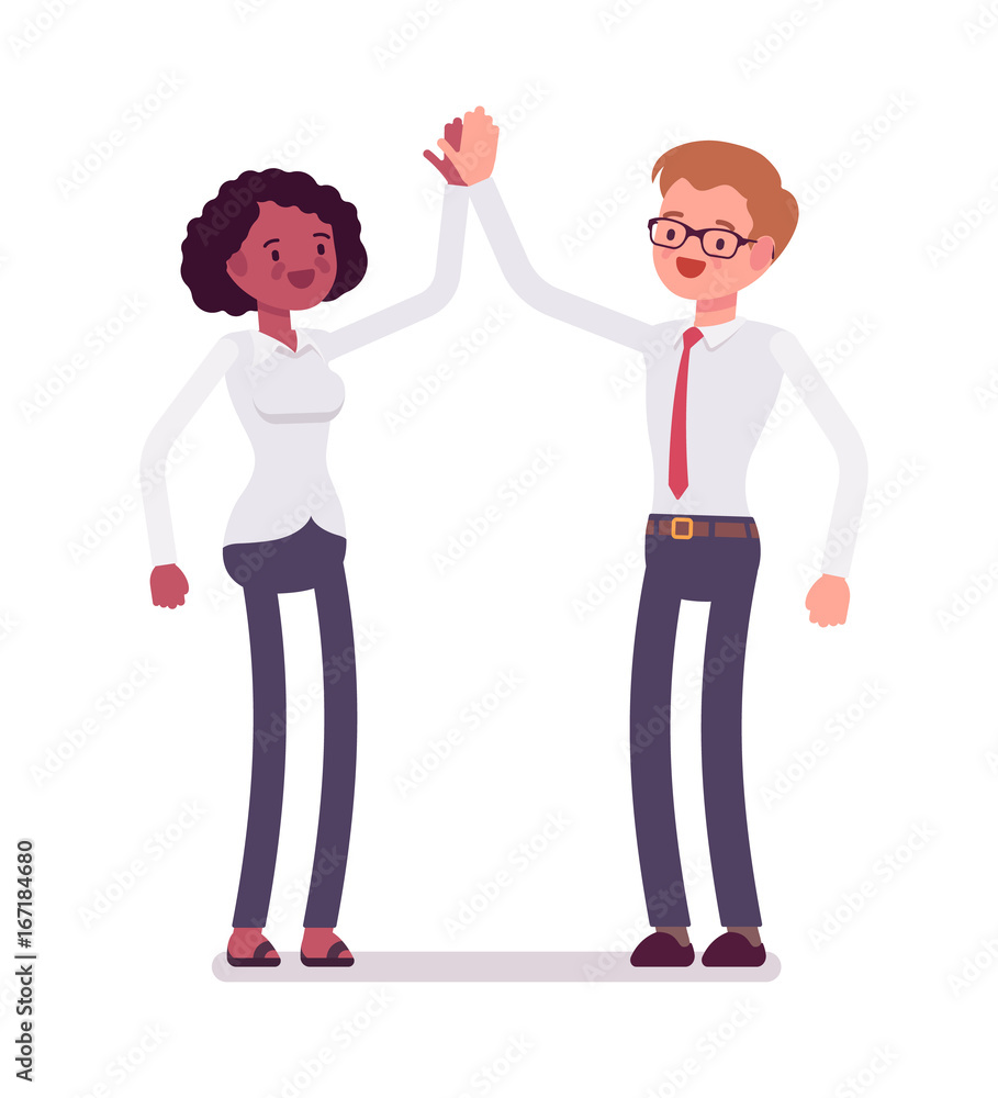 Male and female clerks giving high five