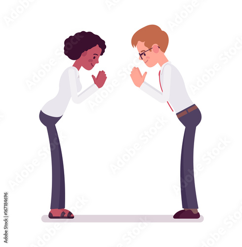 Male and female clerks giving a bow