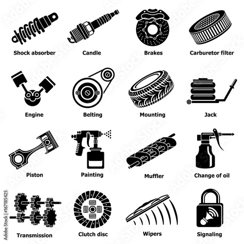 Car repair parts icons set, simple style