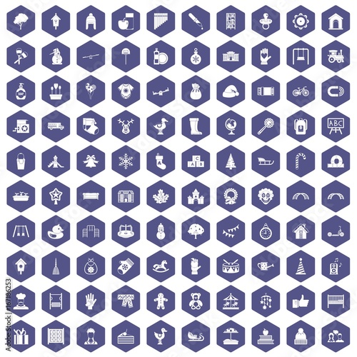 100 kindergarten icons hexagon purple
