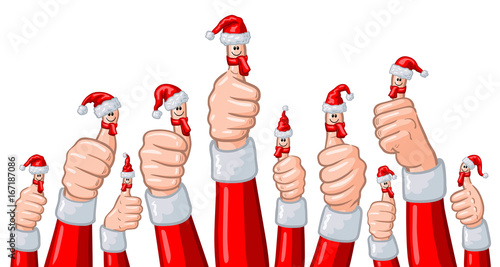 Set: Viele Weihnachtsmann-Hände mit Daumen hoch, gezeichneten Gesichtern, Schals und Weihnachtsmützen / farbige Comic-Illustration / Vektor, freigestellt