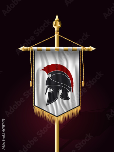 Festive Banner Vertical Flag with Helmet of Warrior. Wall Hangings with Gold Tassel Fringing. Has Place for Inscription or Logo