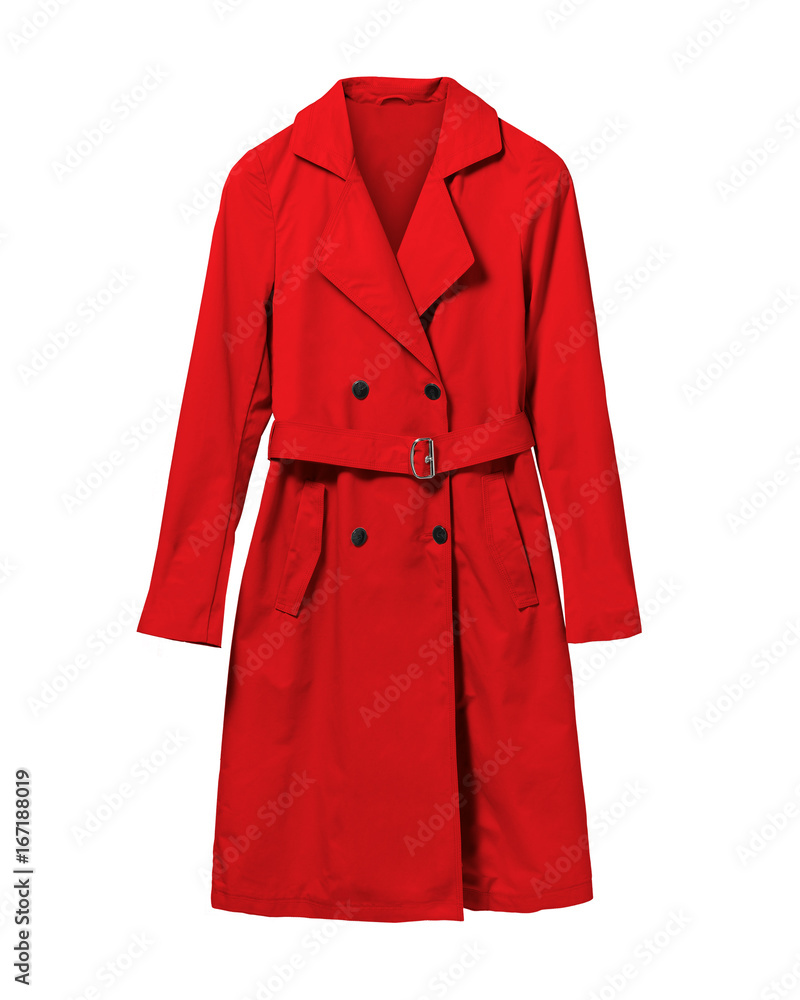 Red elegant woman autumn coat isolated white - obrazy, fototapety, plakaty 