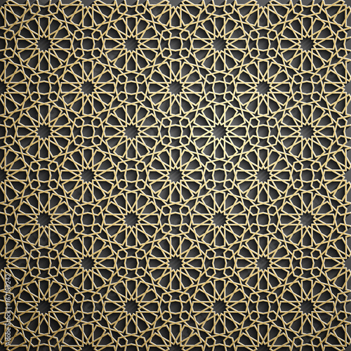 Islamic ornament vector , persian motiff . 3d ramadan islamic round pattern elements . Geometric circular ornamental arabic symbol vector . Gold background