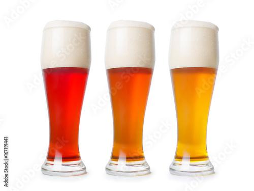 Three different beer pint. On white with clipping path