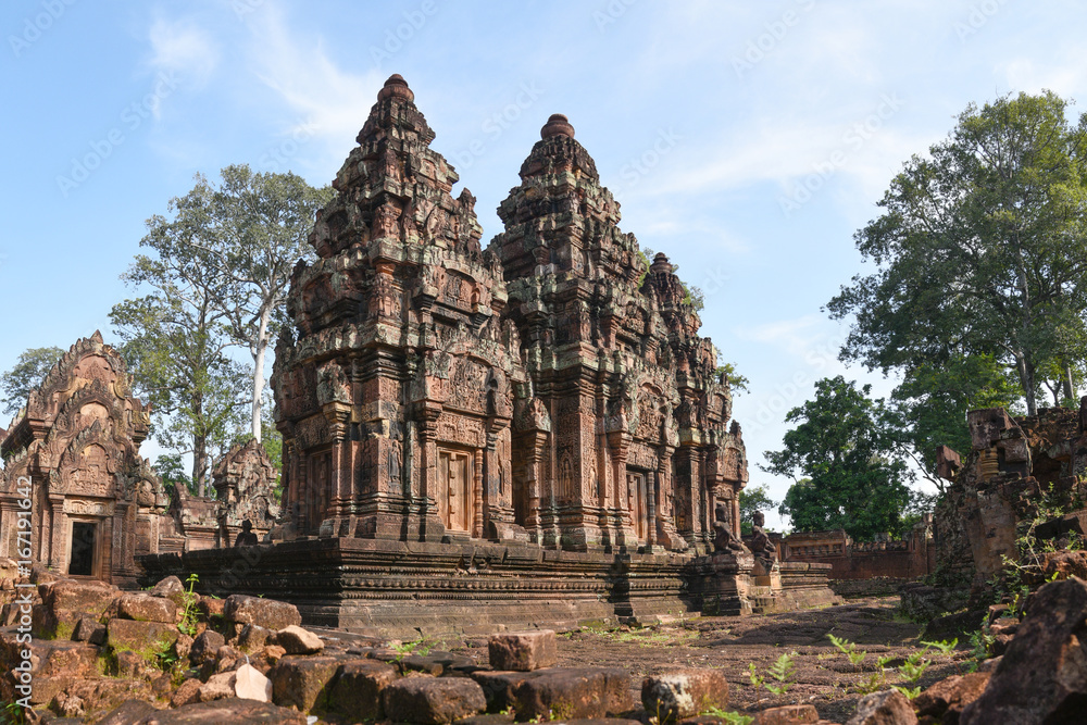 Banteay Srei temple Khmer architecture in siem reap .Banteay Srei is one of the most popular ancient temples in Siem Reap, Banteay Srei, known for its beautiful carvings on red sandstone Cambodia