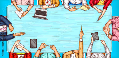 Vector pop art illustration of a man and a woman sitting at a negotiation table top view, concept of brainstorming