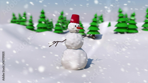 3D render of snowman on snowy field