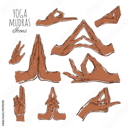 Vector hand drawn set of mudras. Isolated on white. Yoga. Spirituality. Colorful. Black hands