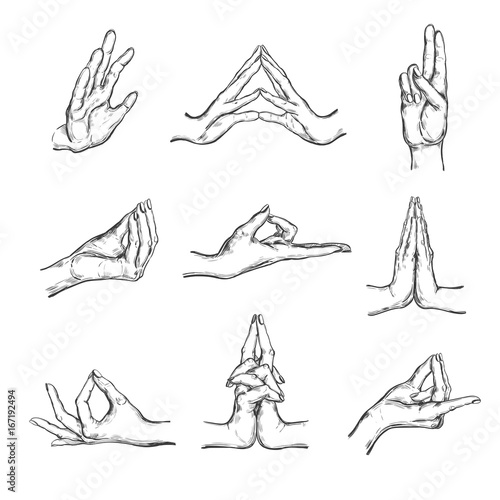 Vector hand drawn set of 9 mudras. Isolated on white. Yoga. Spirituality