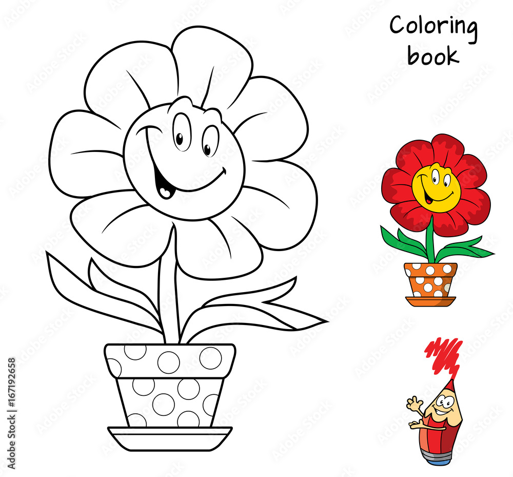 Fototapeta Śmieszny uśmiechnięty kwiat w doniczce. Kolorowanka. Ilustracja kreskówka wektor
