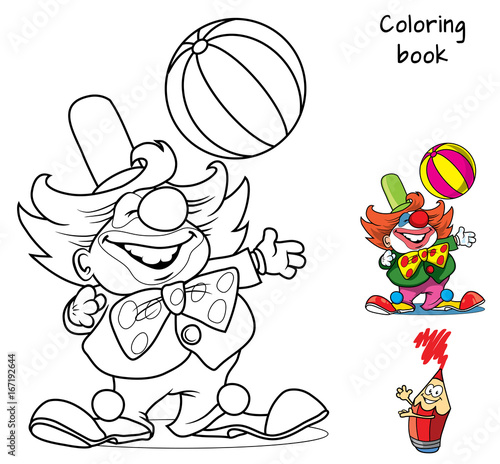 Circus clown artist with ball. Coloring book. Cartoon vector illustration