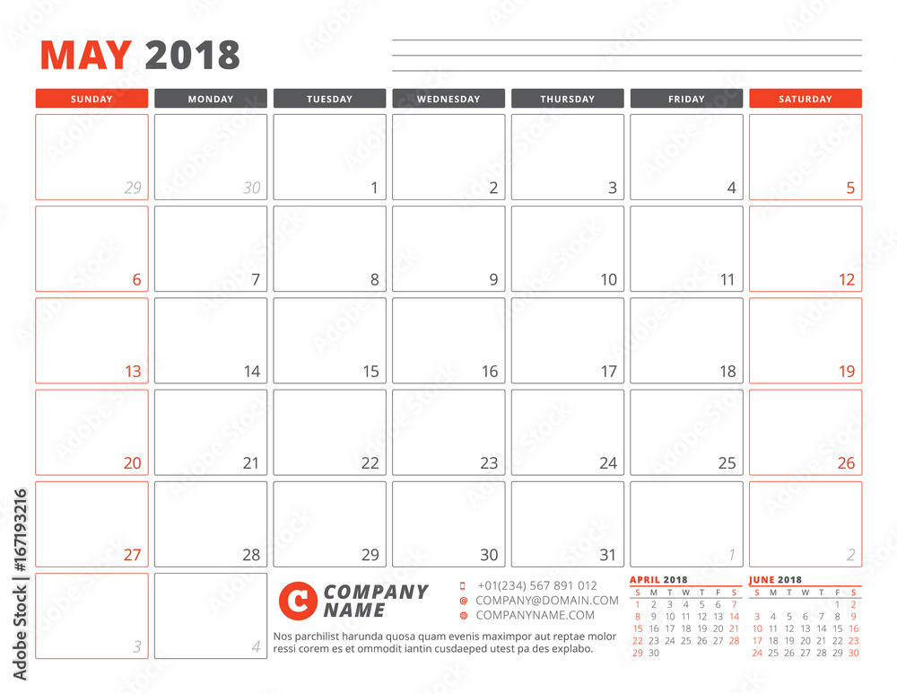 Calendar Planner Template for May 2018. Business Planner Template ...