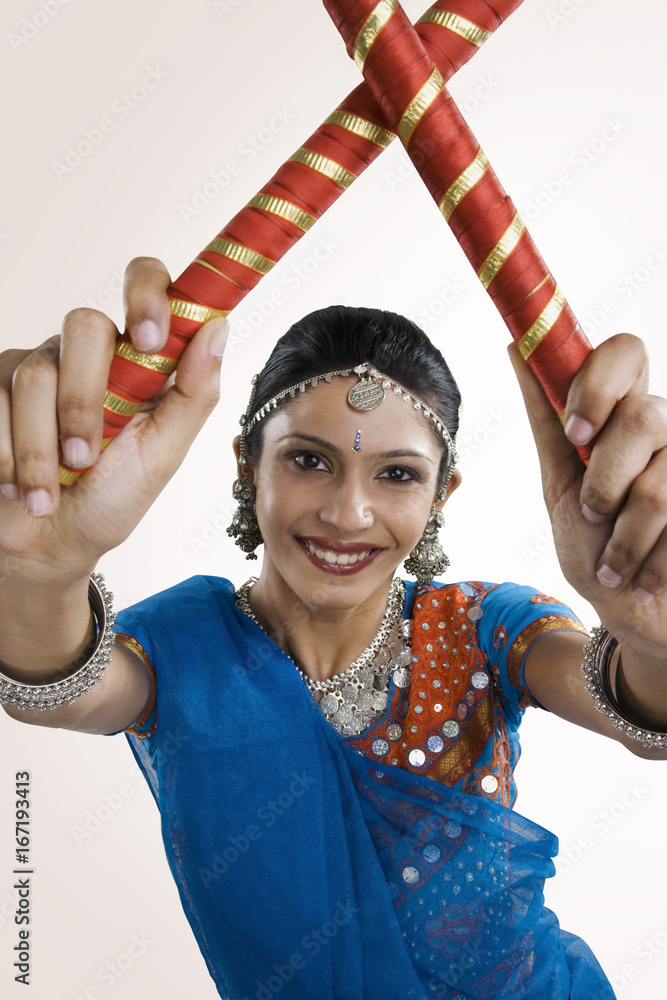 Indian Gujarati Lady Dancing Dandiya