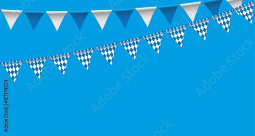 Wimpel Girlande mit Himmel Wimpelkette mit Rautenmuster, 
Wimpeln mit Rautenmuster für Oktoberfest
Vektor Illustration isoliert auf blauem Hintergrund