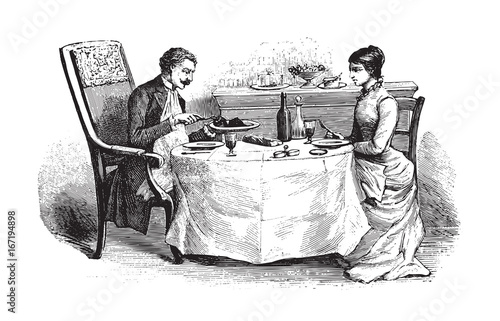 Woman and Man on dining table - vintage illustration