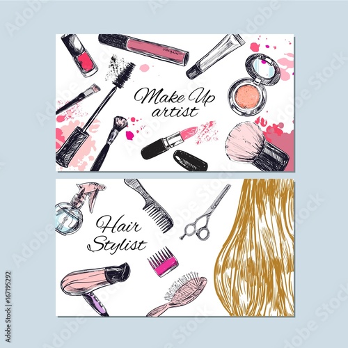 Make up artist and Hair stylist business cards. Beauty and fashion, Vector hand drawn template