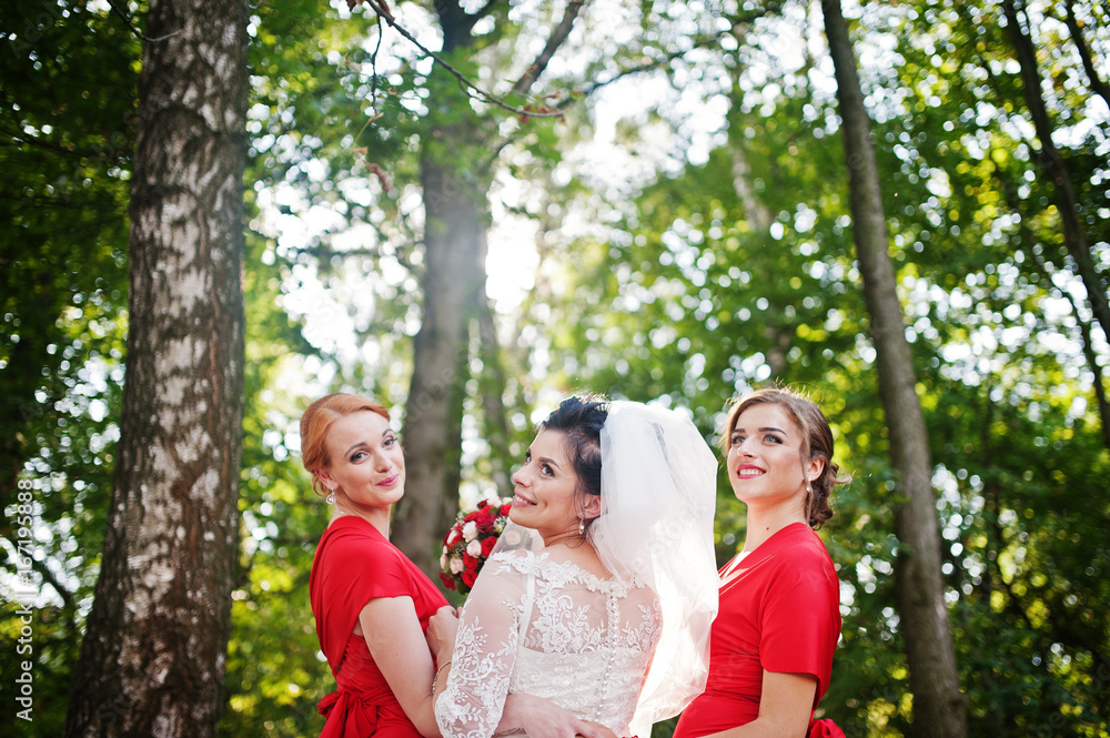 Gentle bride and beautiful bridesmaids are having great fun in the park on a sunny wedding day. Gentle bride and beautiful bridesmaids are having great fun in the park on a sunny wedding day.