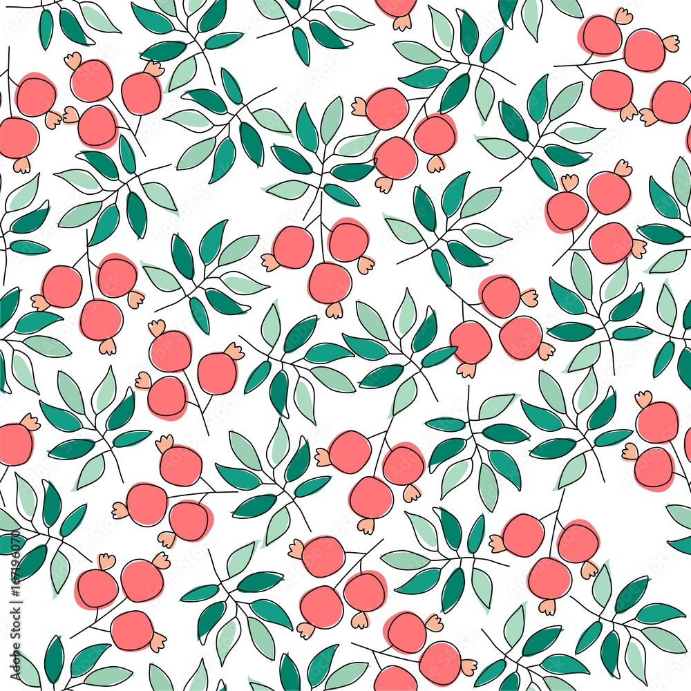 Seamless vector pattern with green branches and pink fruits. Summer beautiful background. Seamless vector pattern with green branches and pink fruits. Summer beautiful background.